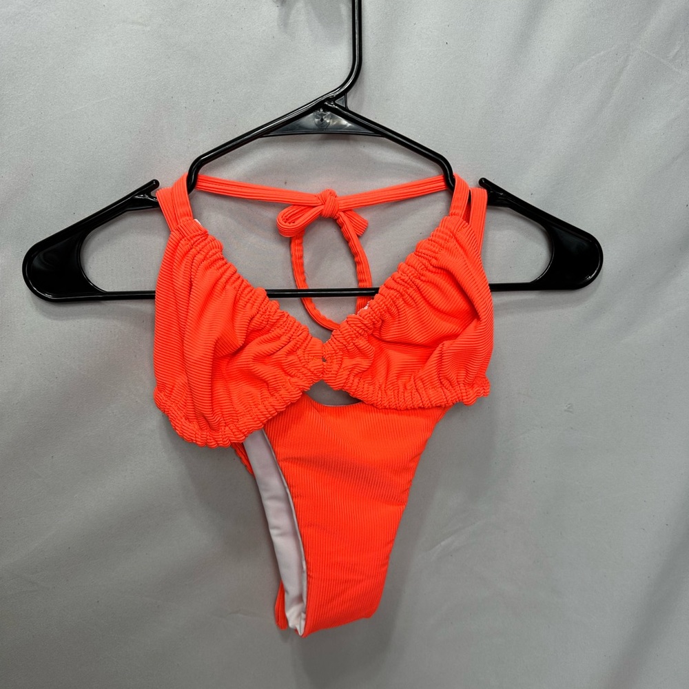 Neon orange, ribbed thong bikini